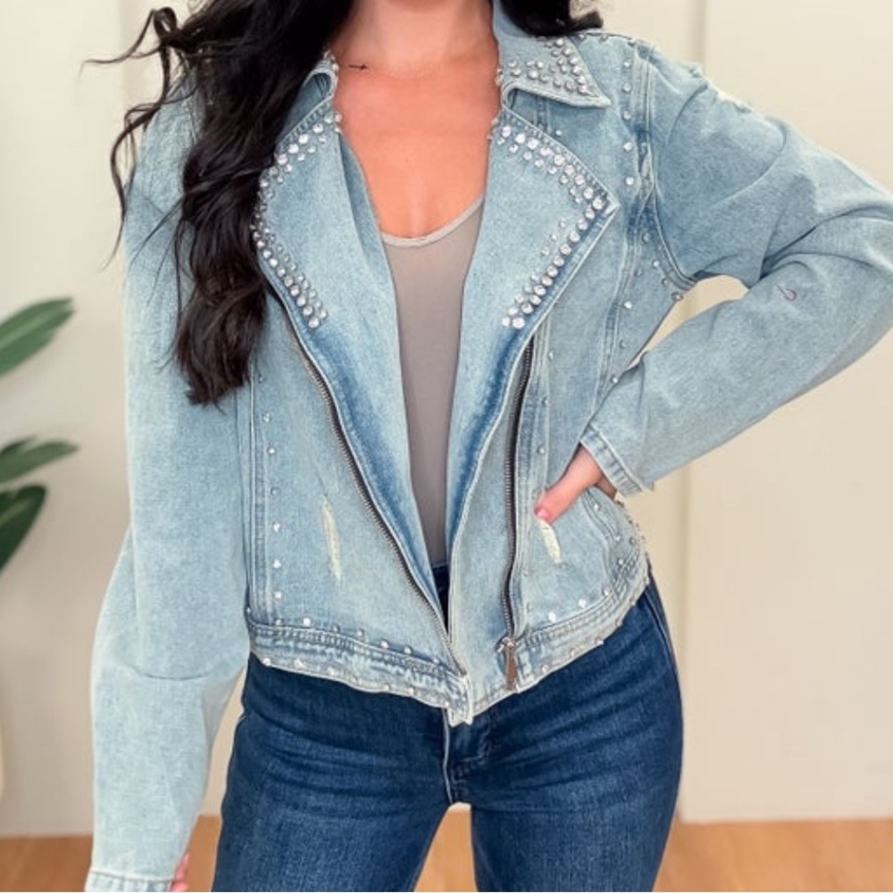Davi & Dani Moto rhinestone denim jacket NWT